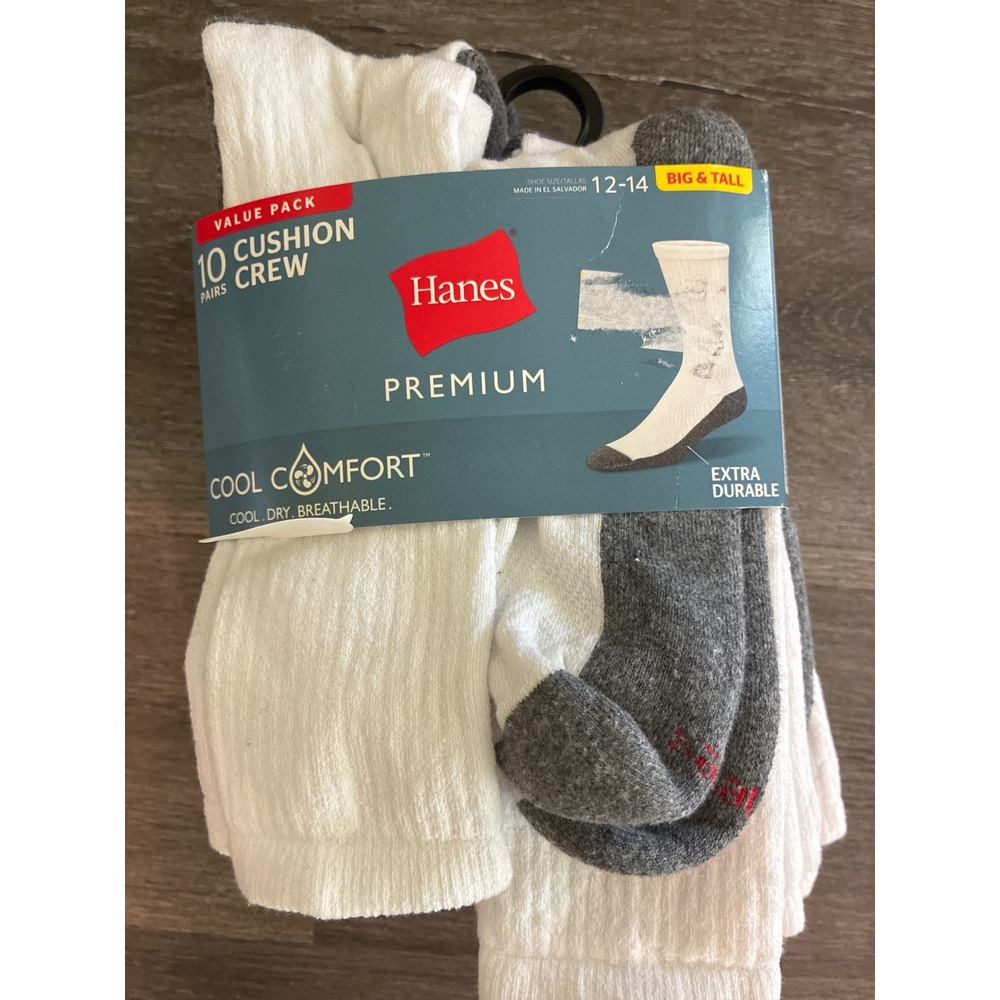 Hanes Premium Cool Comfort Mens 10 Pair Cushion Crew Socks Big Tall 12-14 White